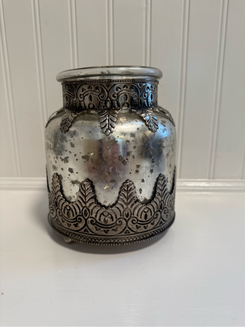 Pottery Barn Silver Decorative Vintage Metal Vase with Ornate Filigree